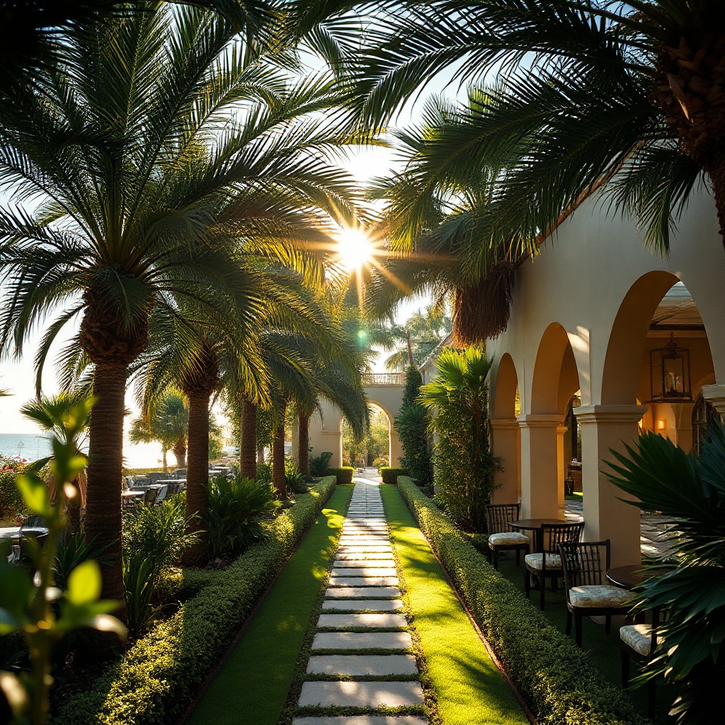 Sunlit garden pathway lined with tropical foliage and elegant seating at Grandheat Garden